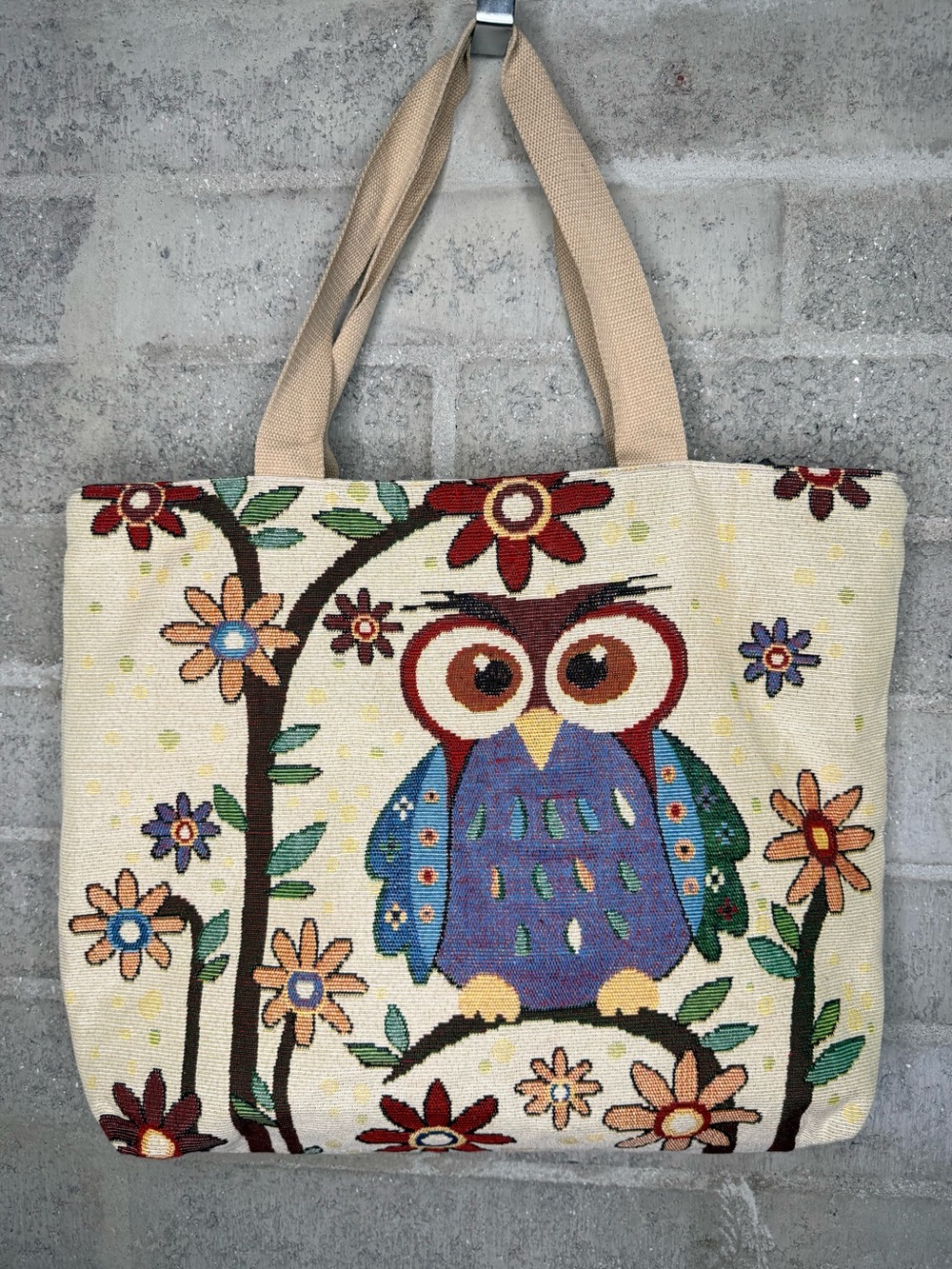 Cream Canvas Tote Bag with Colorful Owl and Floral Design